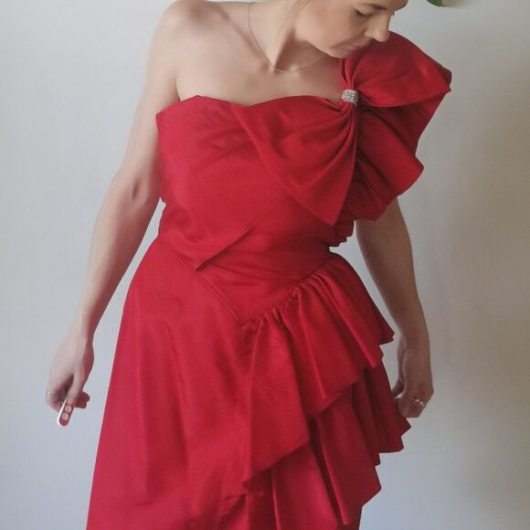 Vintage 90s Cherry one Shoulder Red Party Dress with Side Ruffle and Bow Vday - Picture 1 of 10